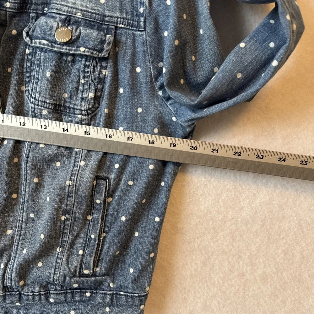 Elle Polka Dot Distressed Blue‎ Denim Trucker Jacket L Retro Chic Indie Sleaze